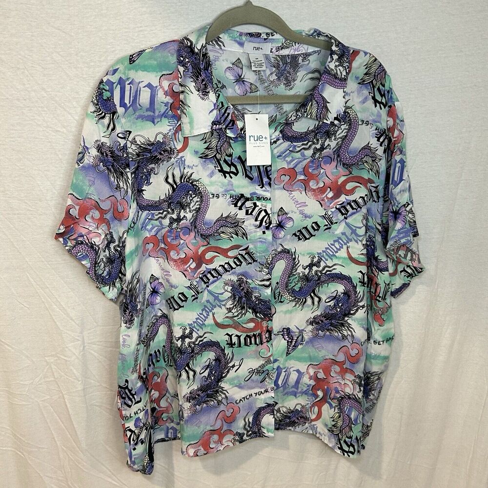 Rue21+ Women Crop Top Dragon Butterfly Purple Button Up Collar‎ Short Sleeve 3X